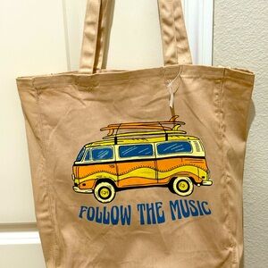 NWT American Eagle Outfitters Tan Tote Bag with FOLLOW THE MUSIC design